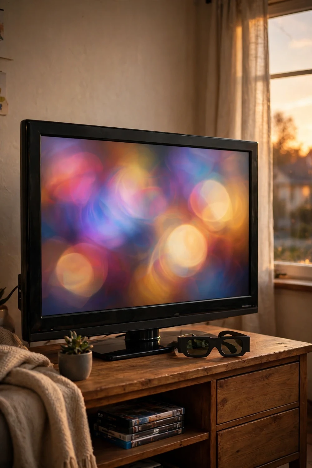 A flat-screen TV with 3D glasses resting in front of it