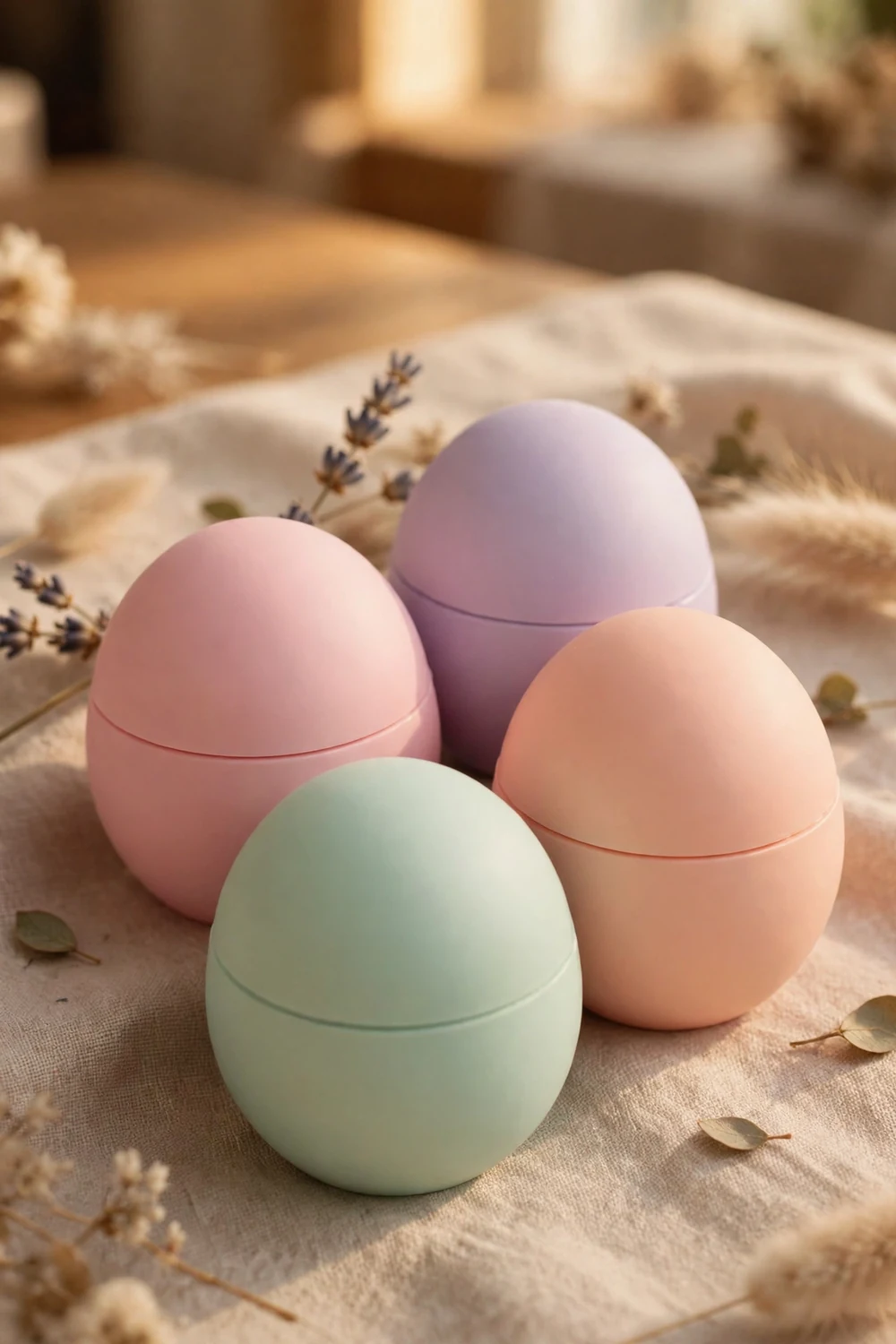 Round egg-shaped lip balm pots in pastel colours