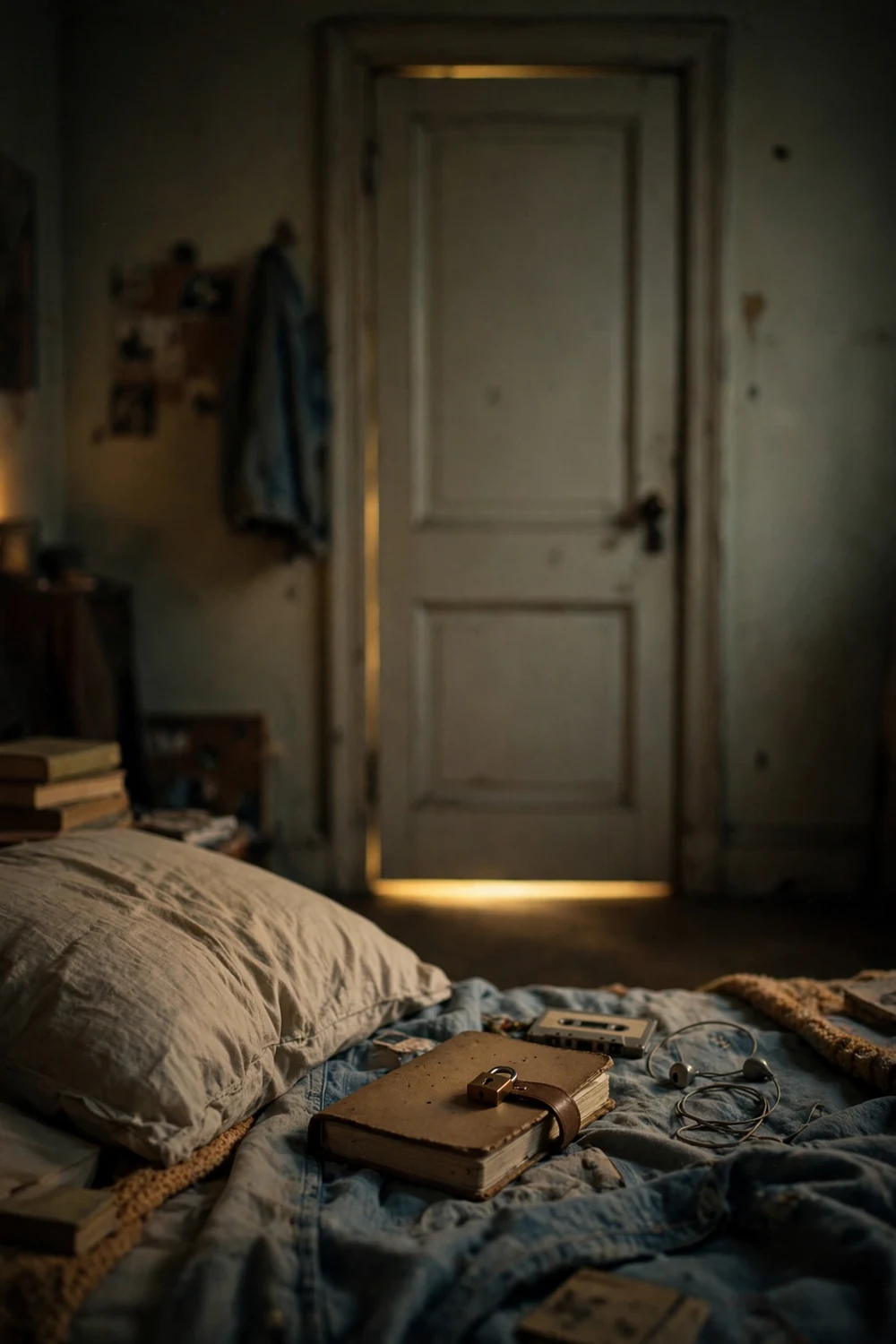 A bedroom door closed against warm evening light