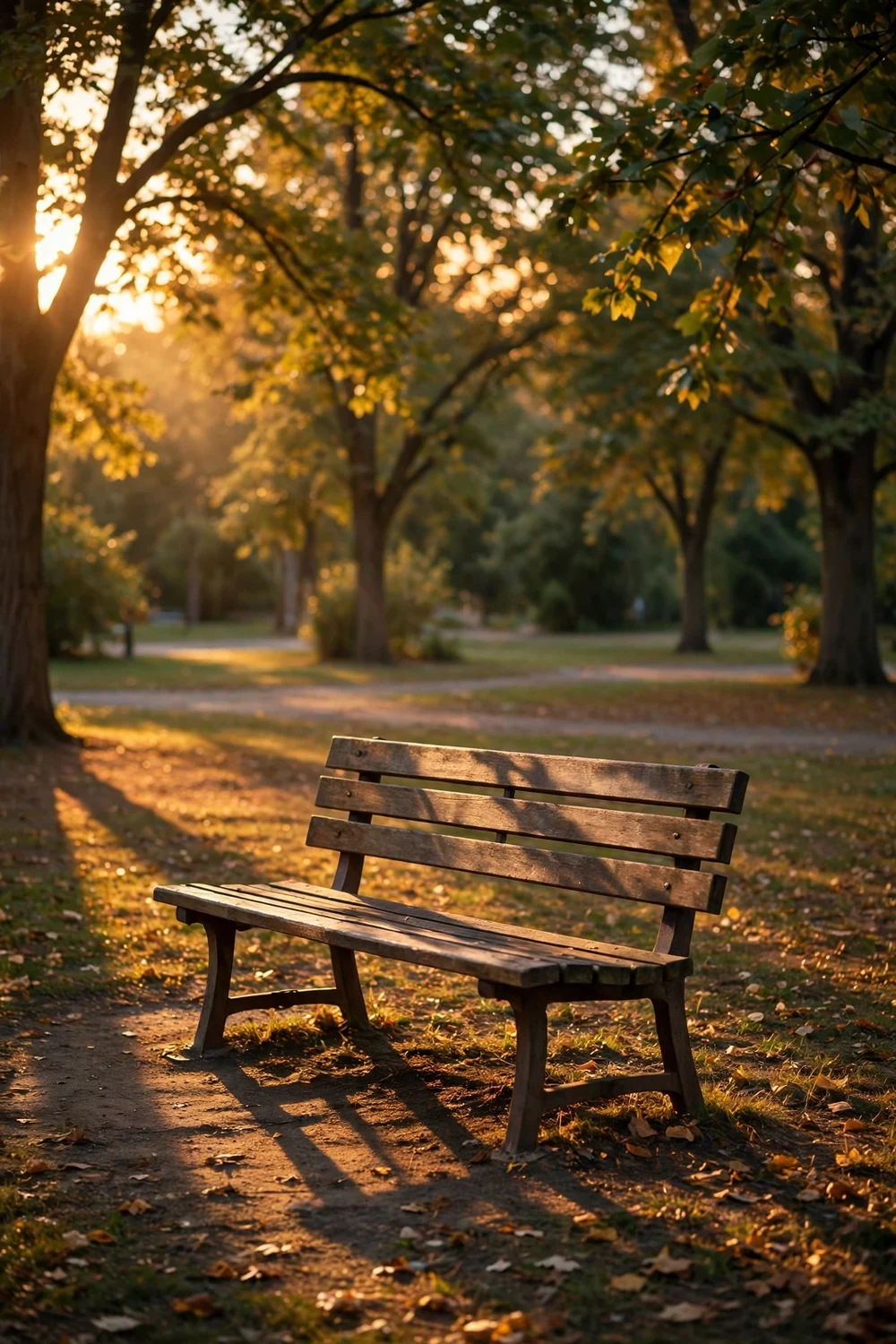 An empty park bench at golden hour, no people in sight
