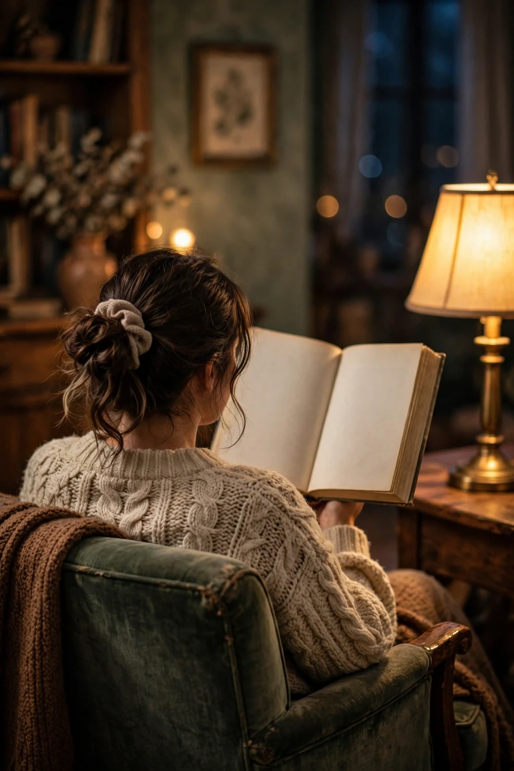 A person reading a thick paper book by lamplight, seen from behind