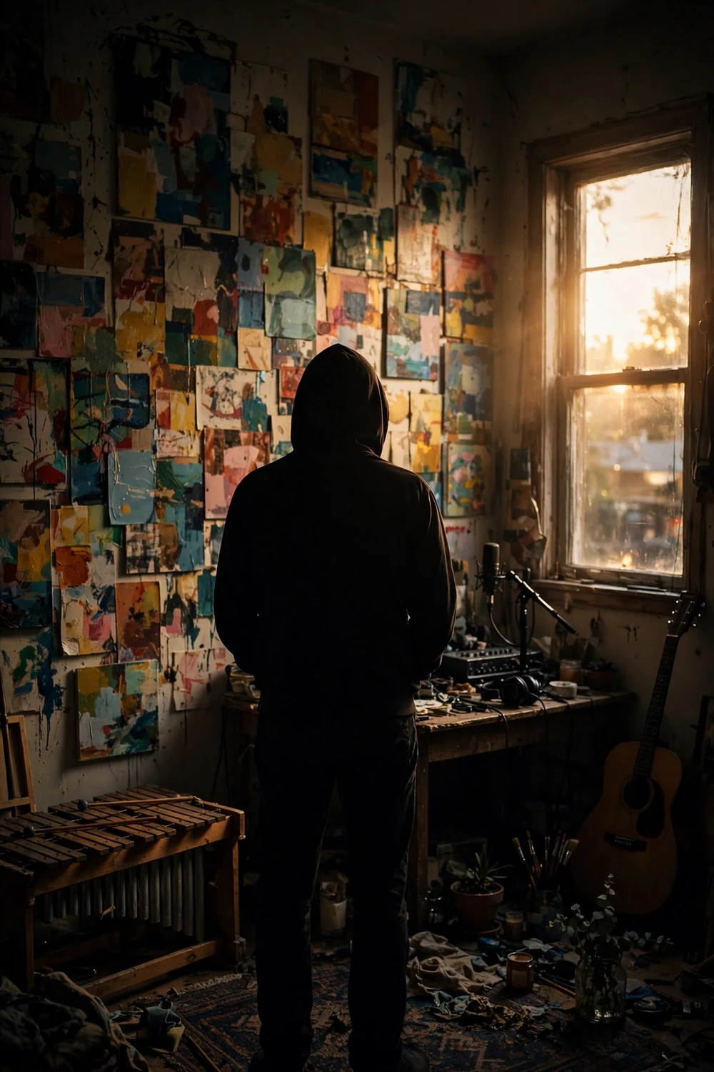 A lone vinyl record player in a sunlit room