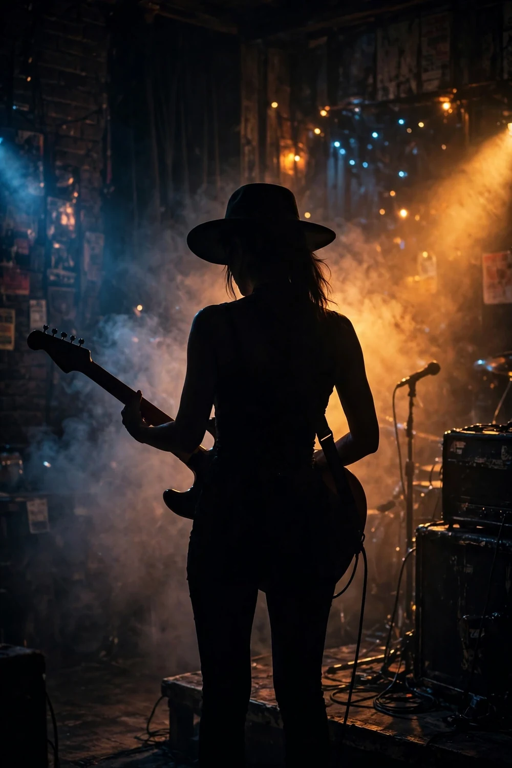 A vintage rock club stage with an electric guitar