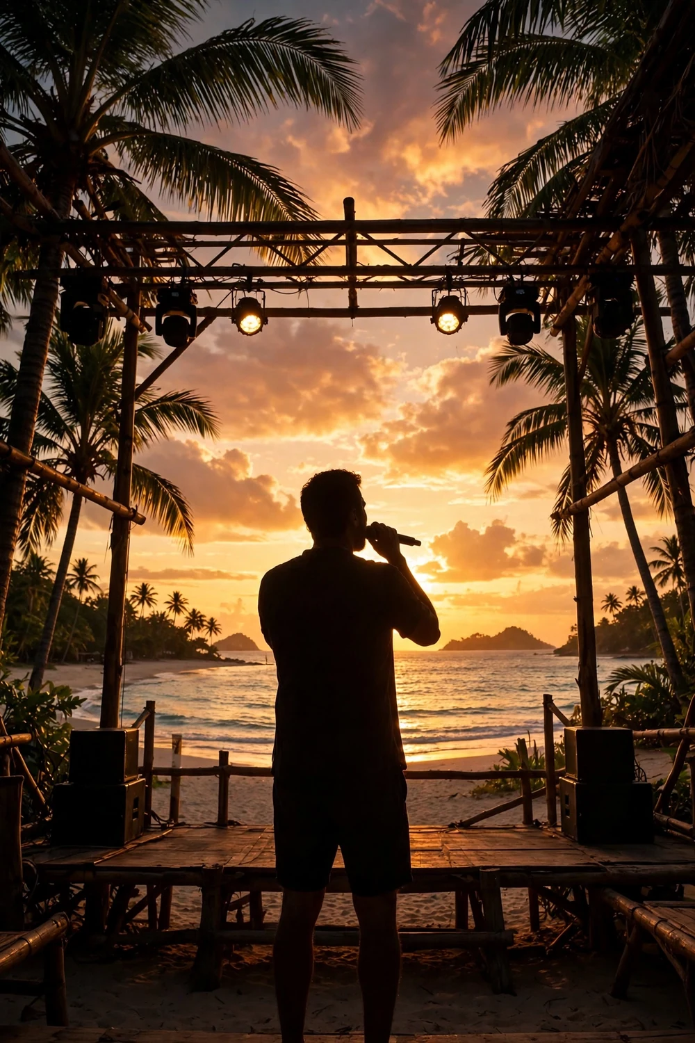 A beach stage at sunset with palm silhouettes