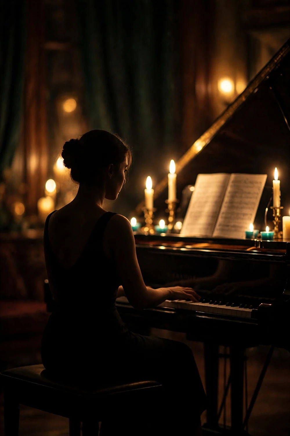 A grand piano in a dark elegant room