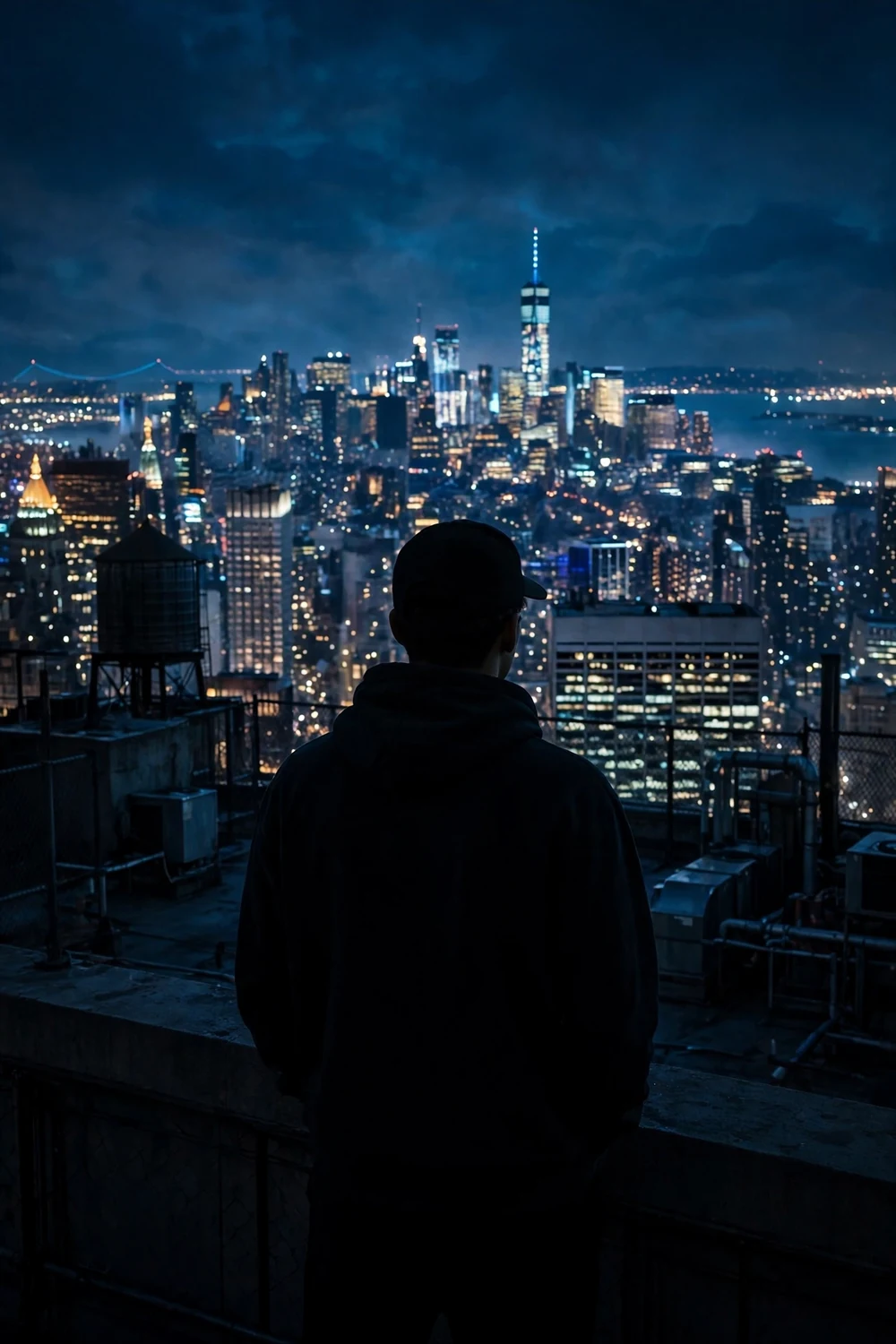 A New York rooftop at night with a boombox silhouette