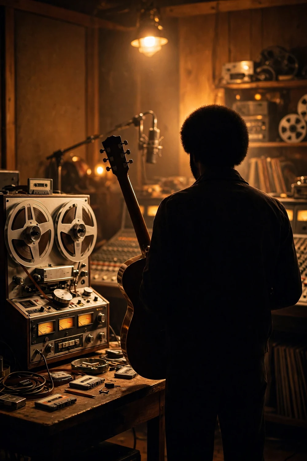 A 1970s recording studio with a reel-to-reel machine