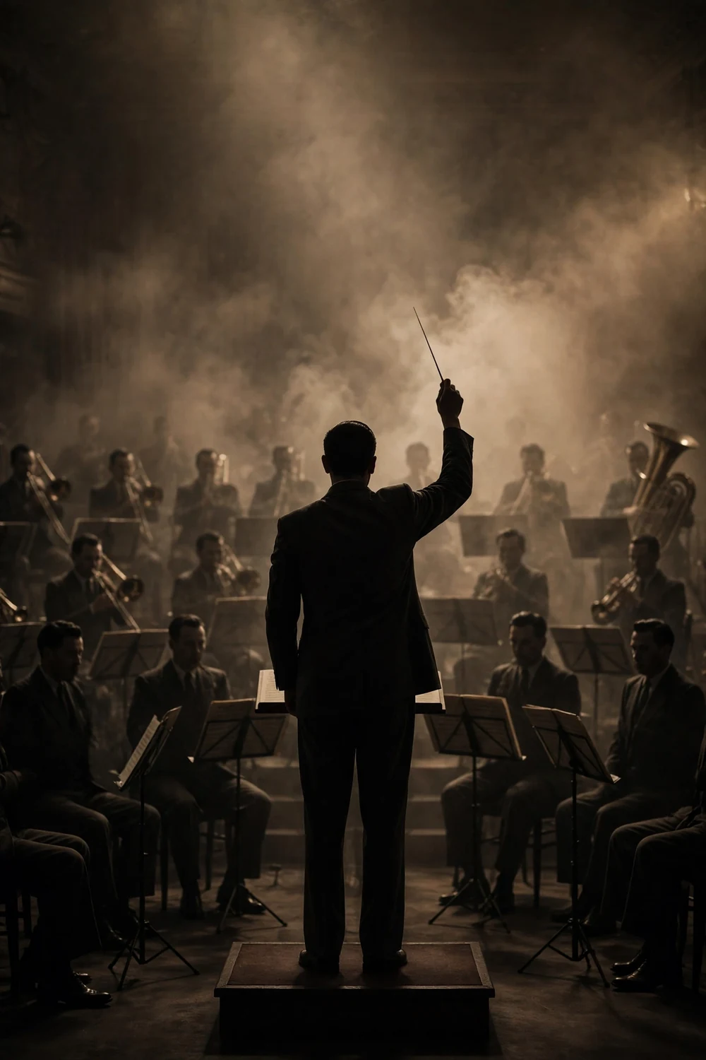 A 1940s big-band stage with brass instruments