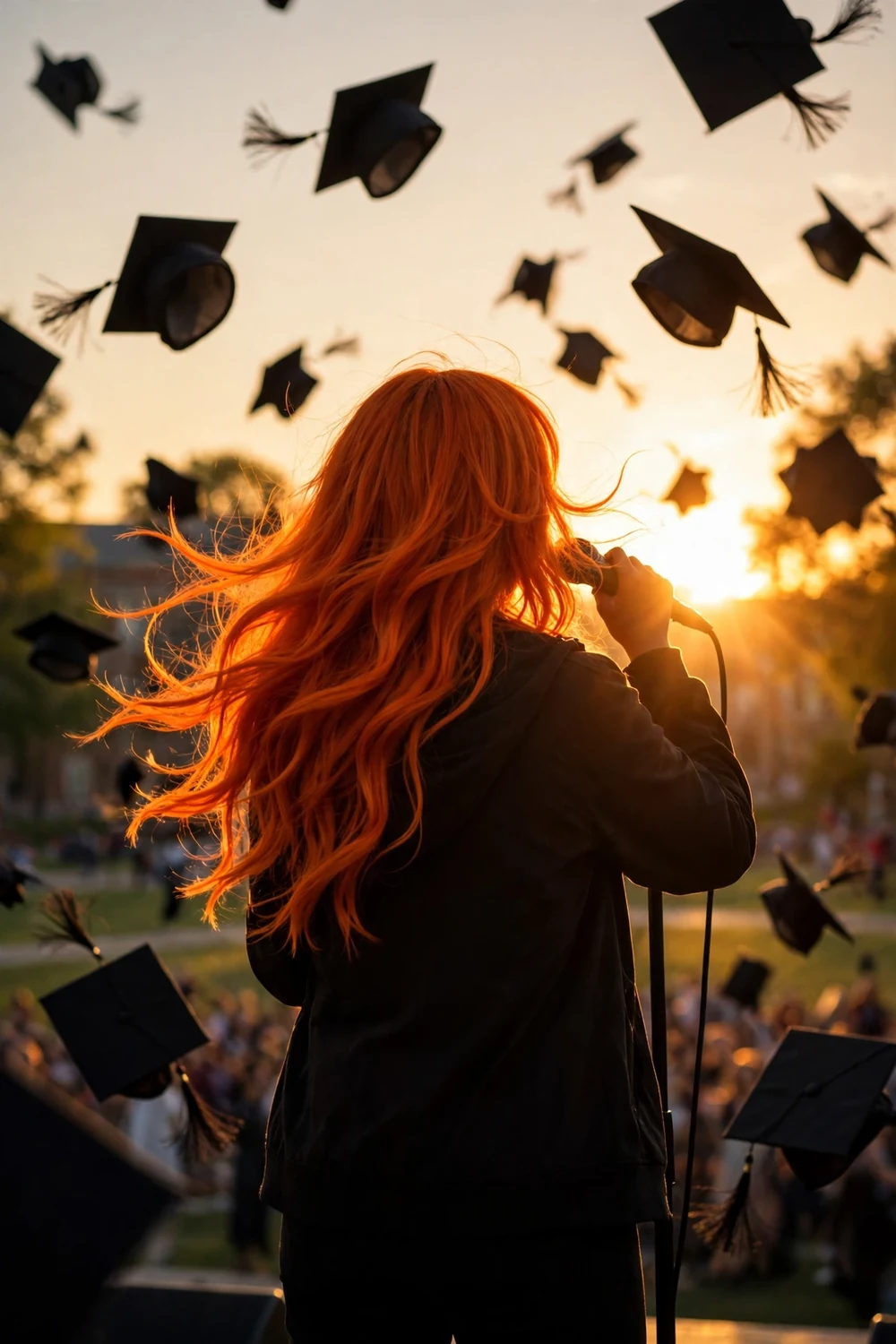 Graduation caps thrown into the air at golden hour