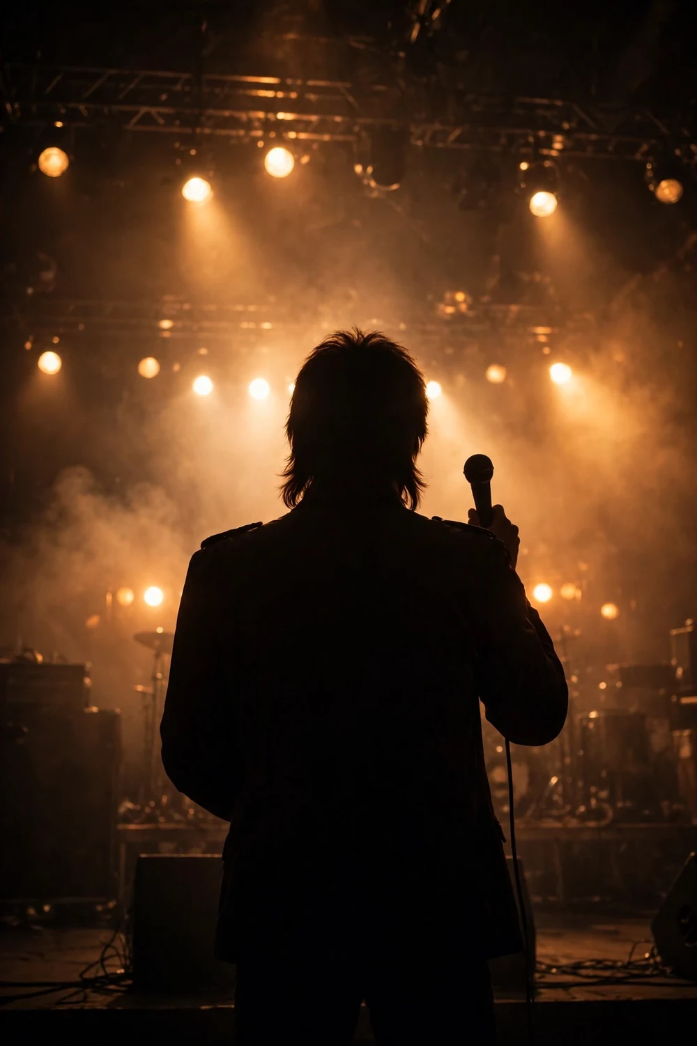 A single microphone in a dramatic spotlight