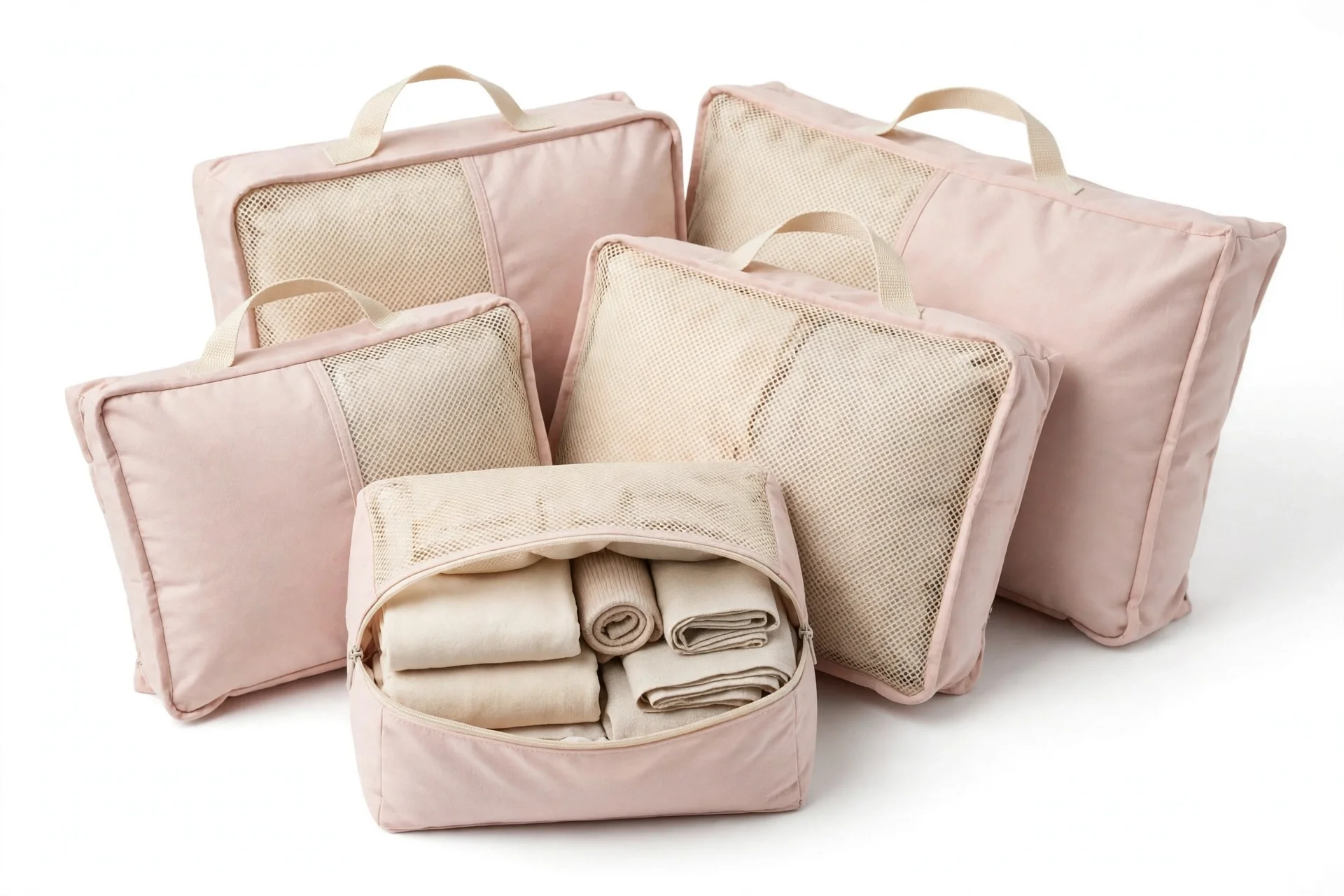 Group of rectangular packing cubes in pale pink blush with cream beige mesh panels and top handles, in several sizes arranged overlapping, one smaller cube at the front showing contents