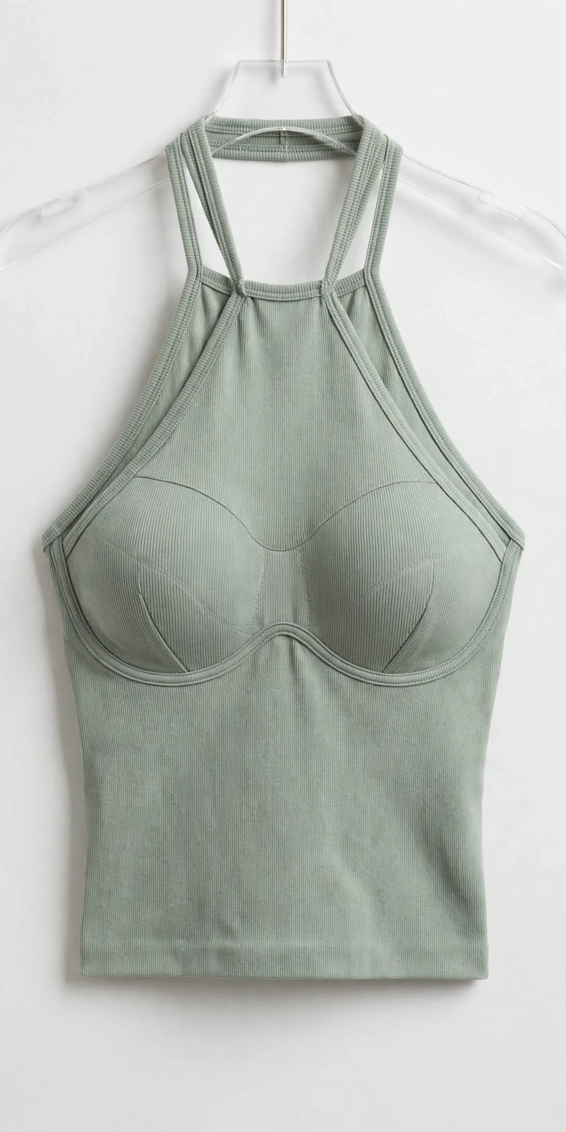 Sage women's halter-neck tank top with a built-in bra shape, product photo on a light background