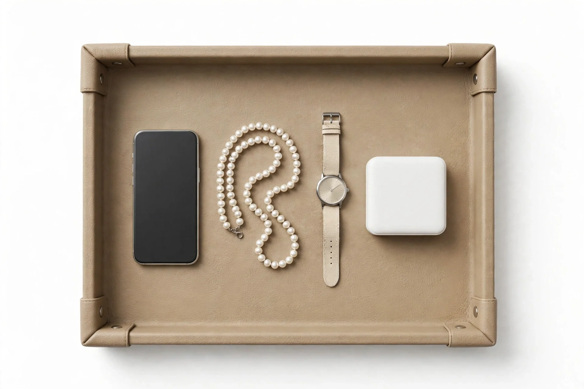 Beige leather-look valet tray holding a phone, a pearl necklace, a watch, and a small white case
