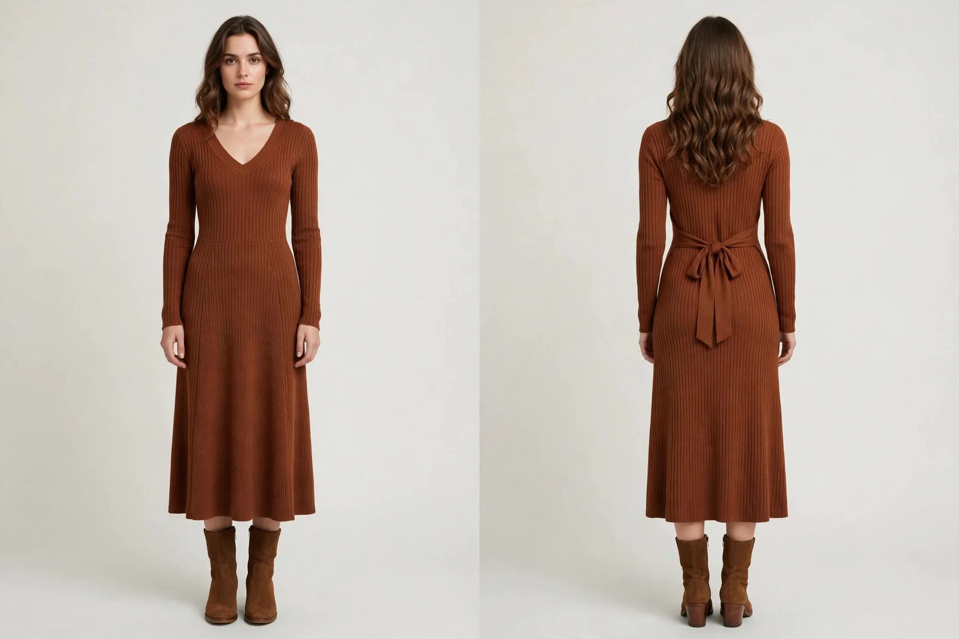Rust brown ribbed long-sleeve V-neck midi dress, front view and back view showing the back tie, worn with brown boots