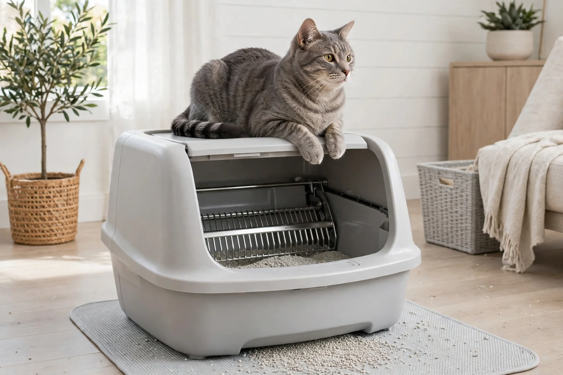 Gray tabby cat lying on top of a light gray uncovered automatic litter box in a bright home