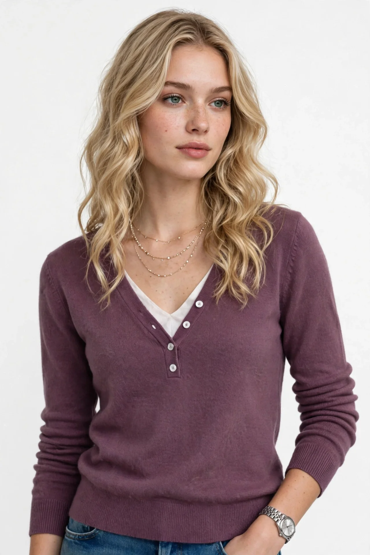 Mauve plum V-neck sweater layered over a white top, worn with blue jeans and layered necklaces