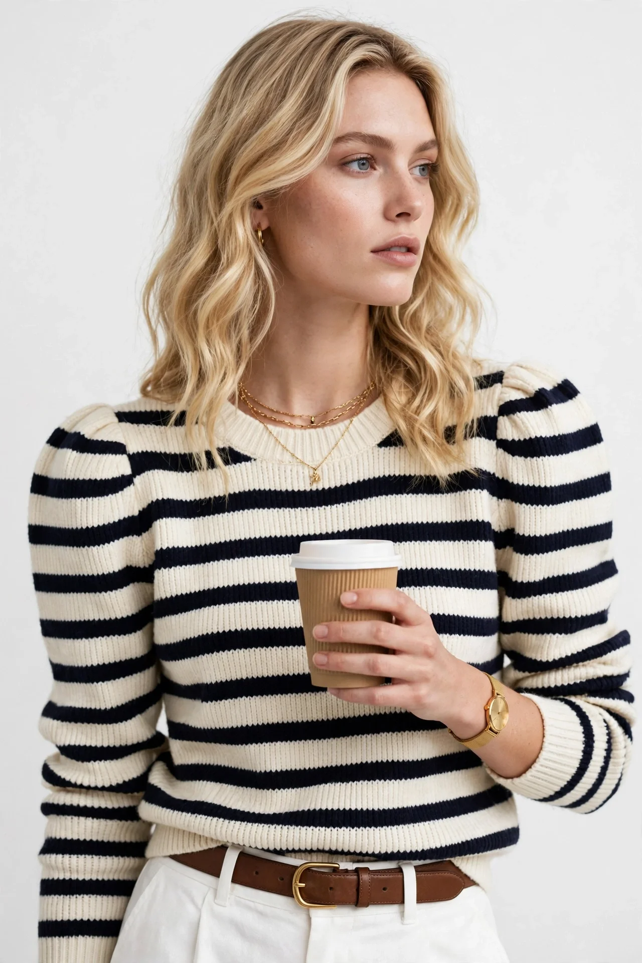 Cream sweater with bold navy horizontal stripes and puff shoulders, worn with white trousers, holding a takeaway coffee cup
