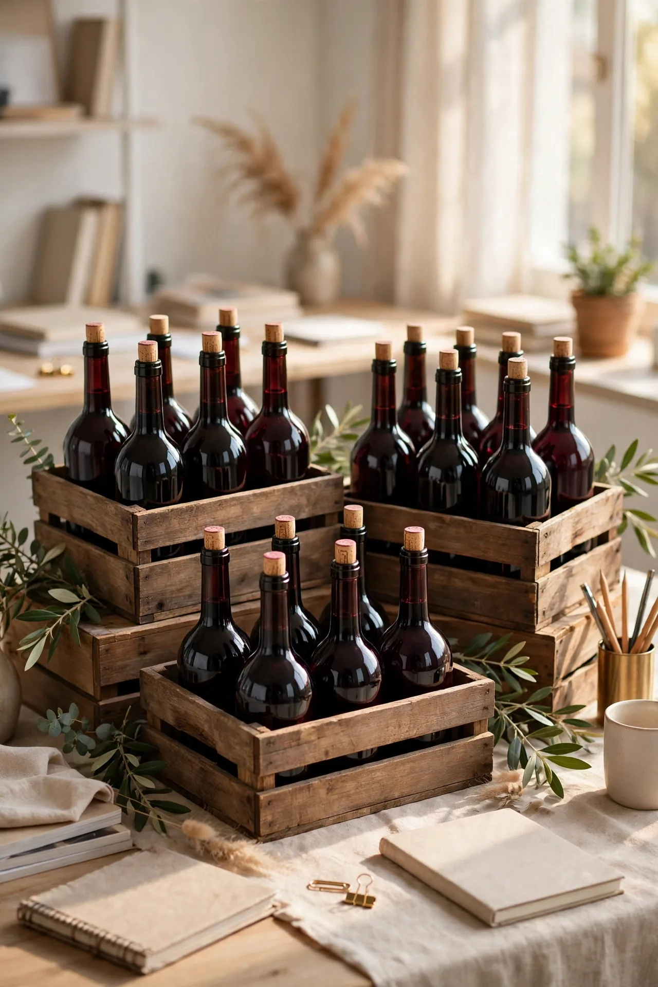 Wooden crates of red wine bottles arranged elegantly in a bright editorial office setting