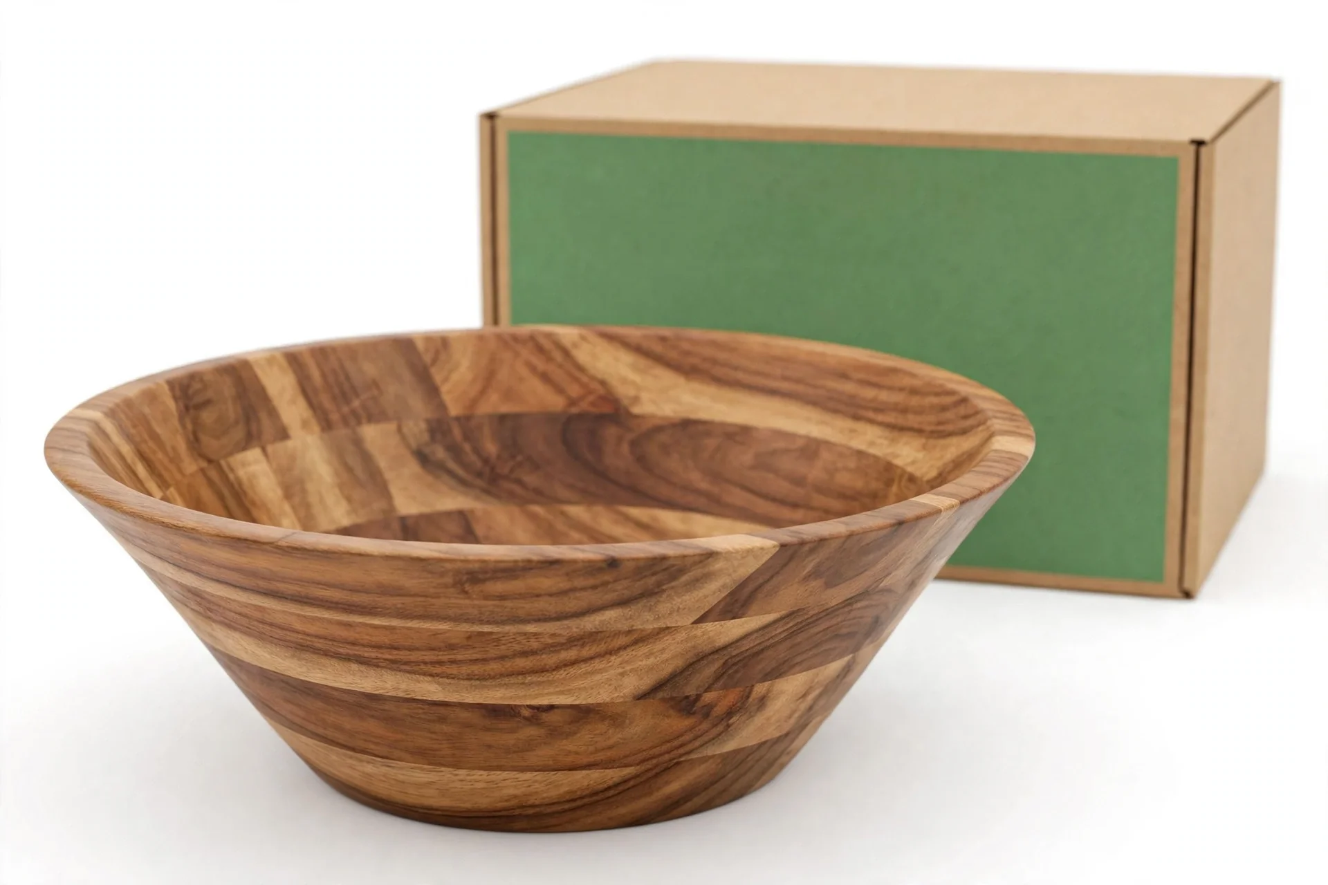 Large flared wooden salad bowl with striped grain in front of a box with a green panel