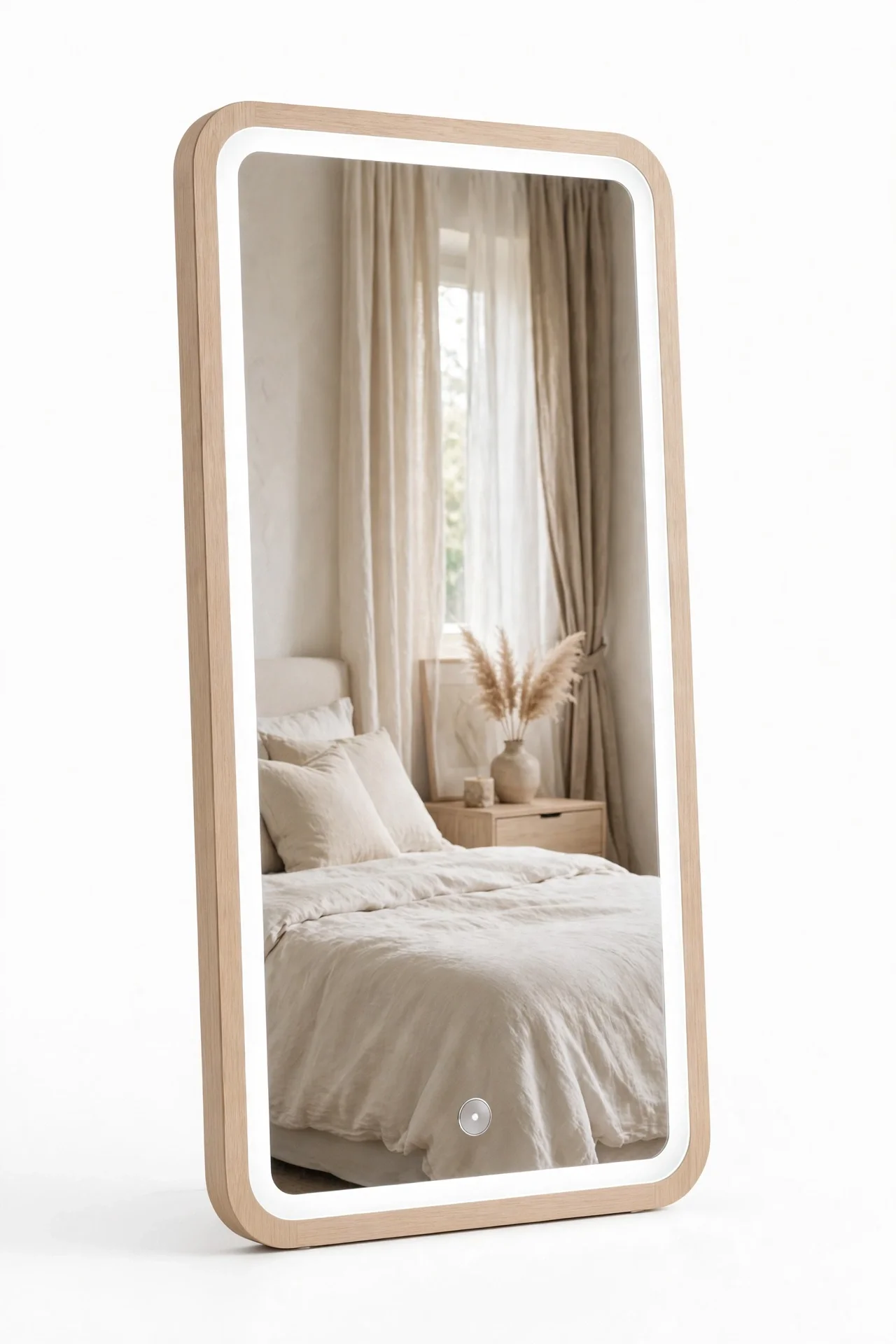 Tall rectangular makeup mirror with a bright LED-lit border reflecting a light bedroom