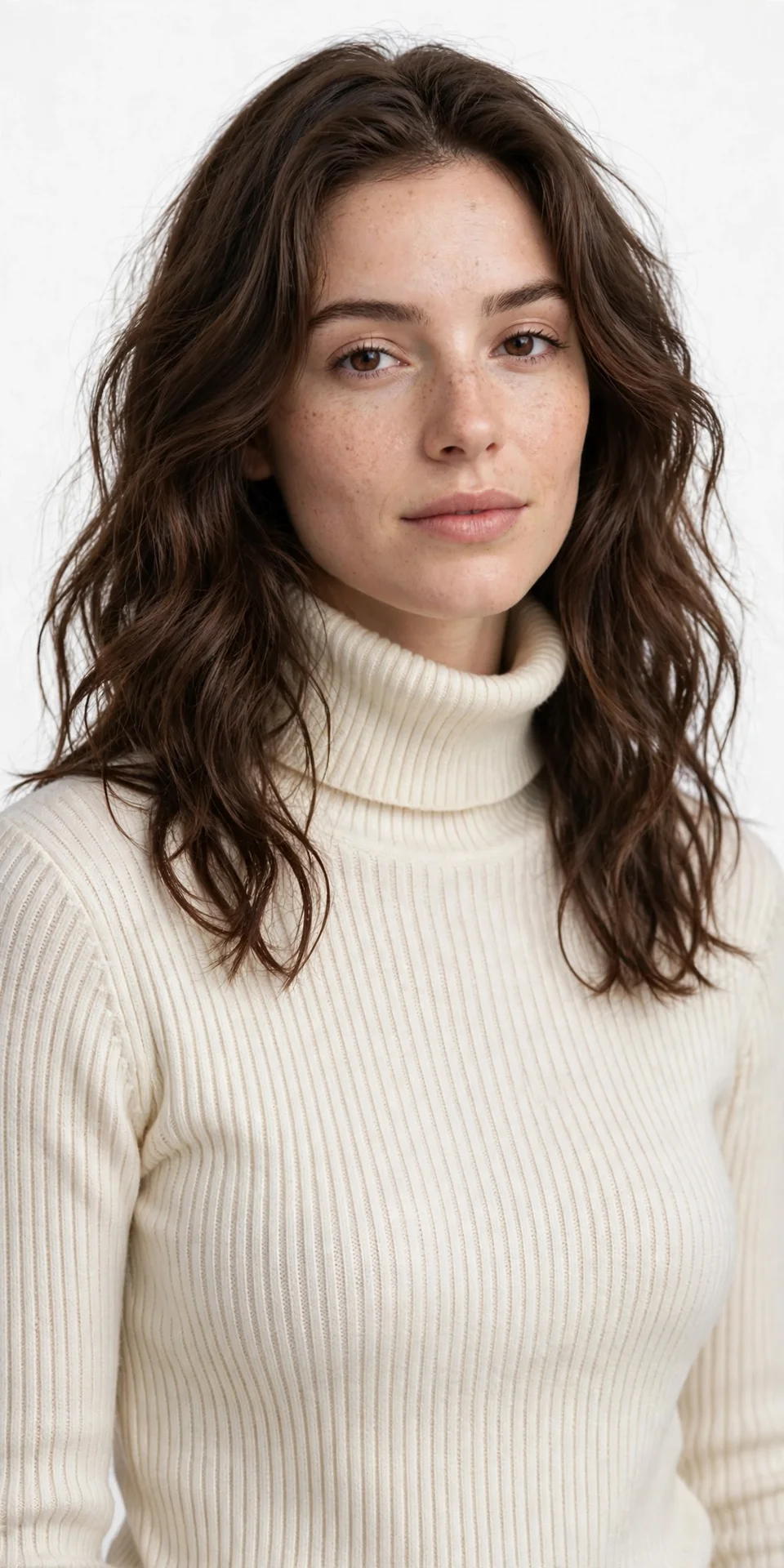 Cream ivory ribbed turtleneck sweater with a high folded collar